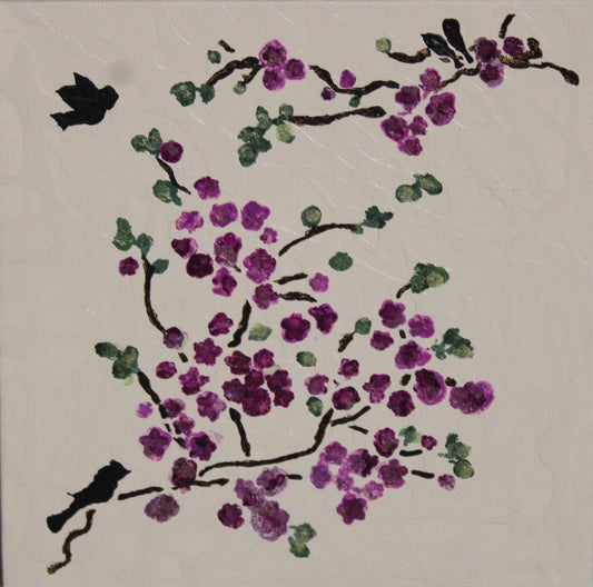 Black Birds Among Flowers Painting